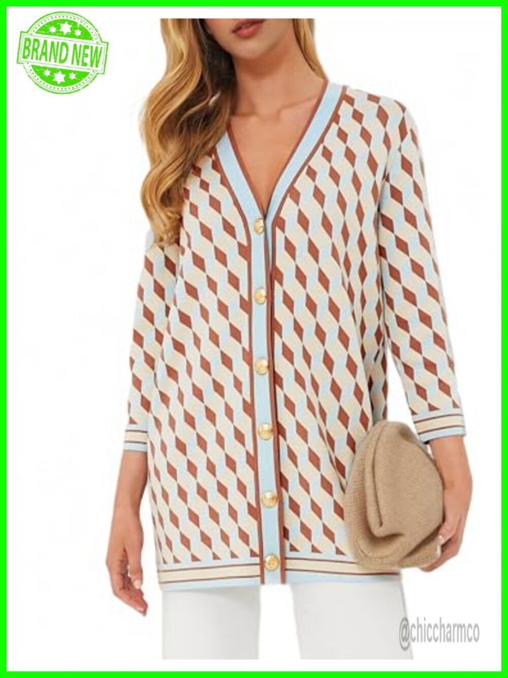 Oversized Checkered Knit Cardigan with Gold Buttons